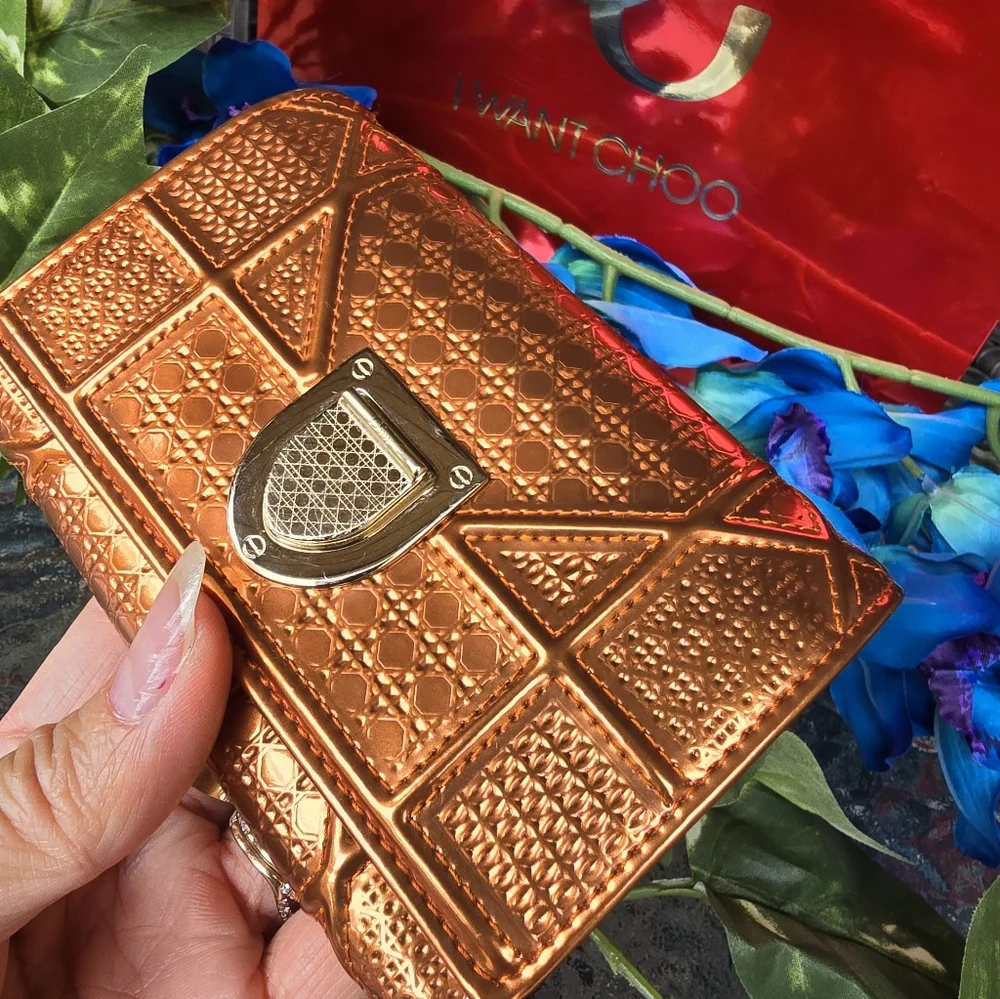 Authentic Christian Dior Diorama Metallic Copper Or Orange Trifold Short Wallet
